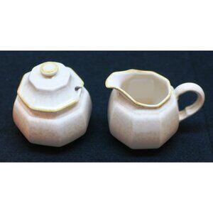 Mikasa Avante Ivory Fe 900 Sugar Bowl w Lid & Creamer Tan Octagon VTG 80s EUC
